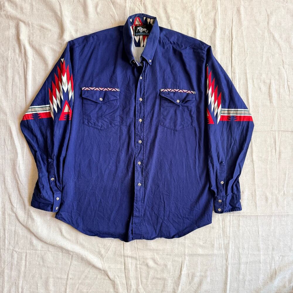 VTG Roper Shirt Men's XL Western Aztec Tribal Rodeo Blue Cotton 90's Long Sleeve